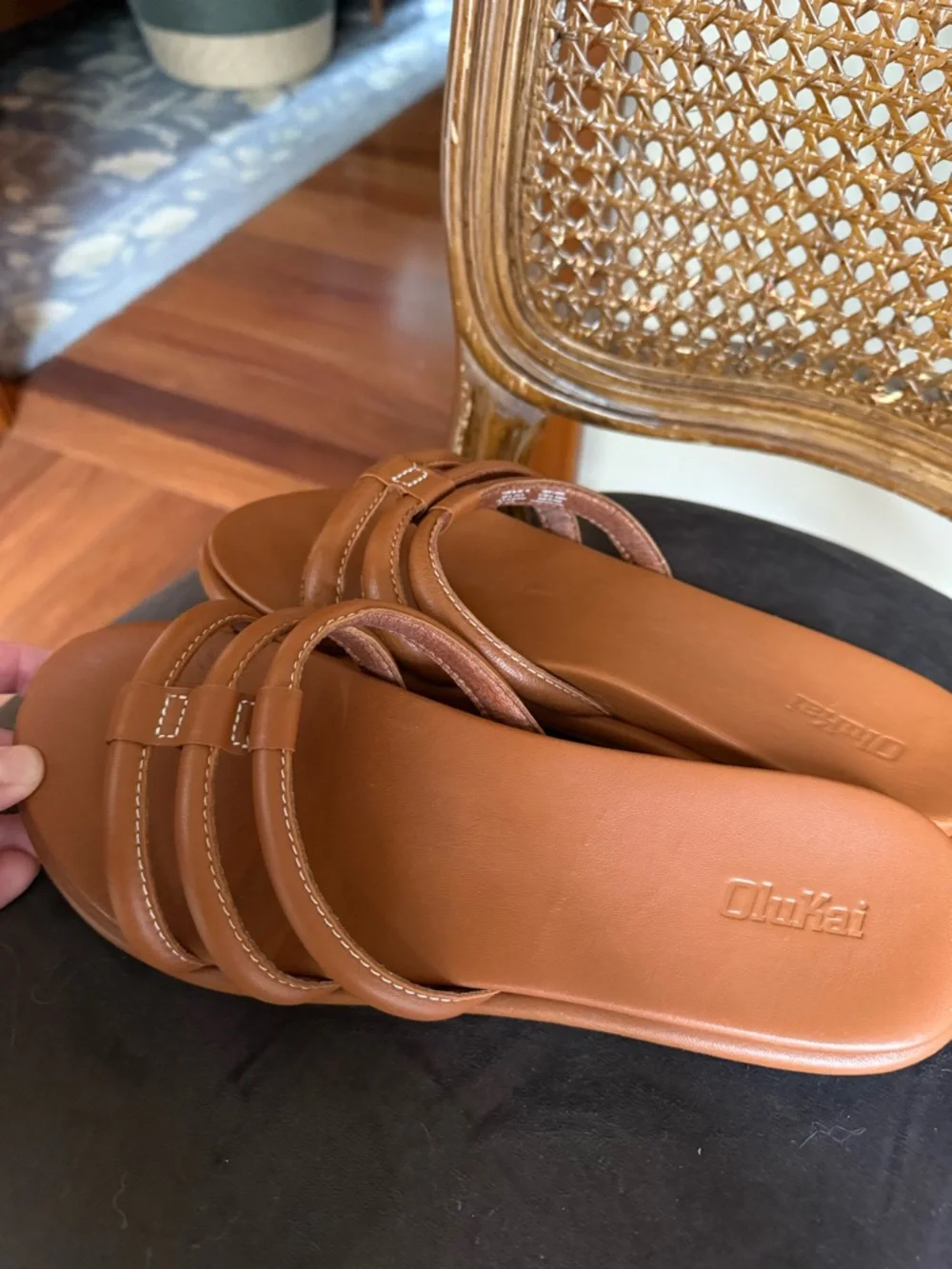 OluKai Women's Triple-Strap Cognac Slide Sandals - Picture 2 of 5